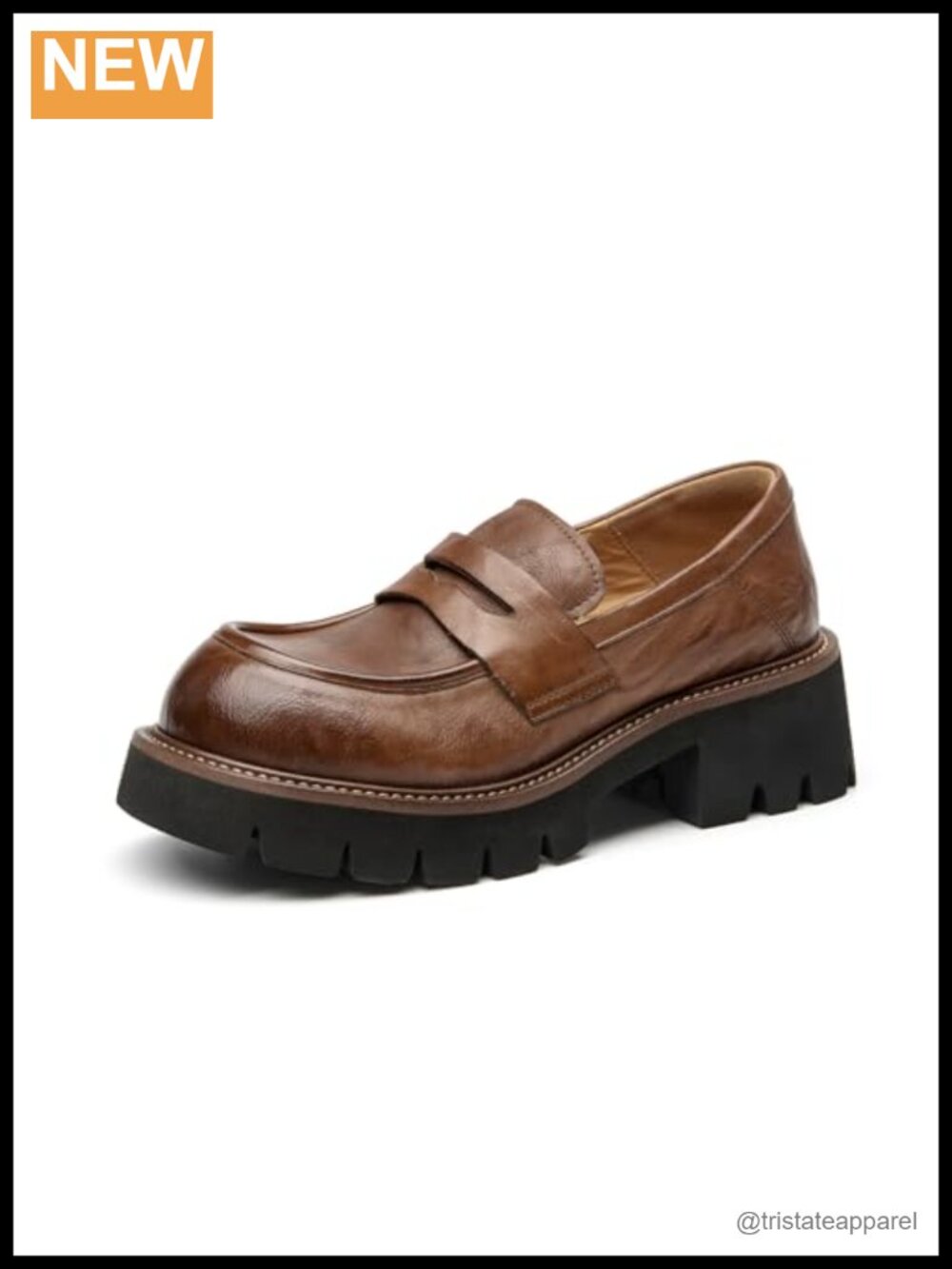 Women's Chunky Platform Loafers Leather Slip-On Dress Shoes Round Toe